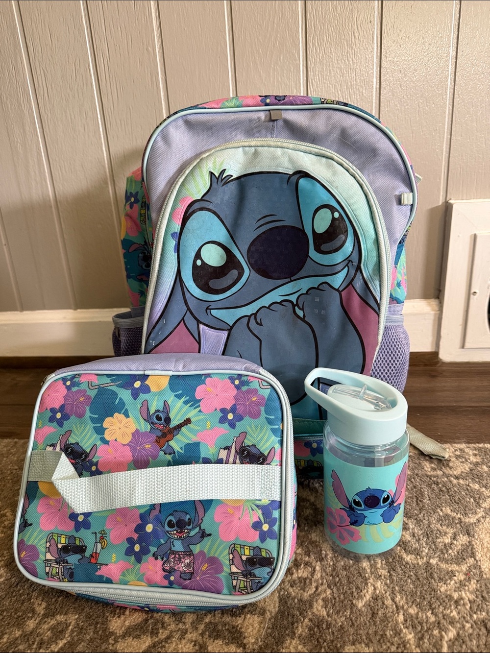 Disney Stitch bookbag with lunchbox and cup